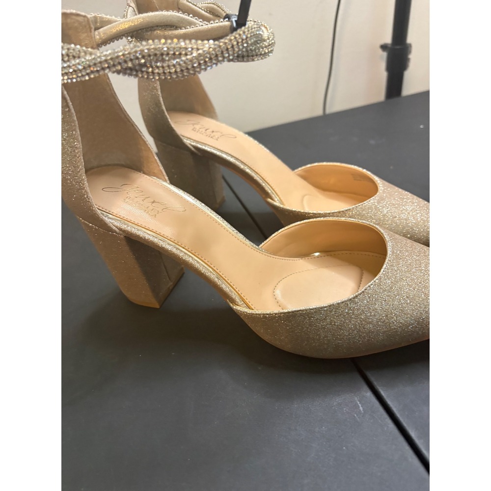 Jewel Badgley Mischka Champagne Gold Glitter Block Heel Rhinestone Pump 8.5